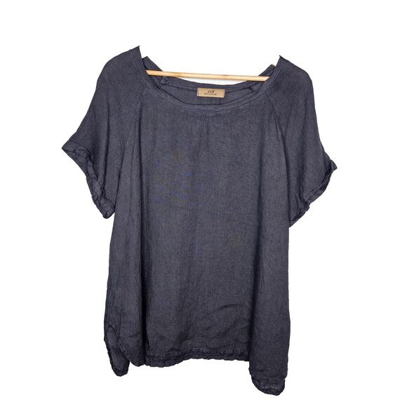 JS MILLENIUM 100% Linen Top One Size Short Sleeves Blue Lagenlook Italian Beachy - Picture 1 of 6